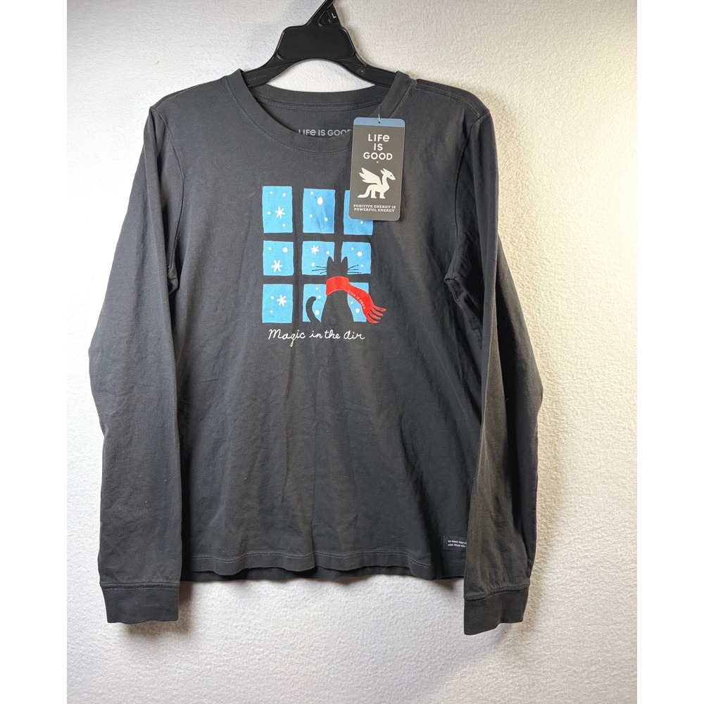 Life is Good Crusher Tee Womens Medium Black NEW Cat Magic Long Sleeve